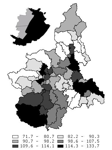 Figura 2a: Distribuzione dei rischi relativi standardizzati di alcuni indicatori di ricovero per distretto di residenza in