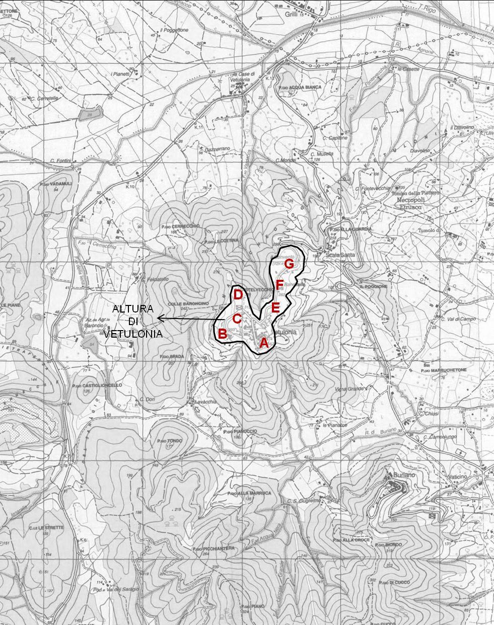 TAV. XLIII Area di Vetulonia, localizzazione dell'altura di Vetulonia (di cui fanno parte: A. Arce; B.