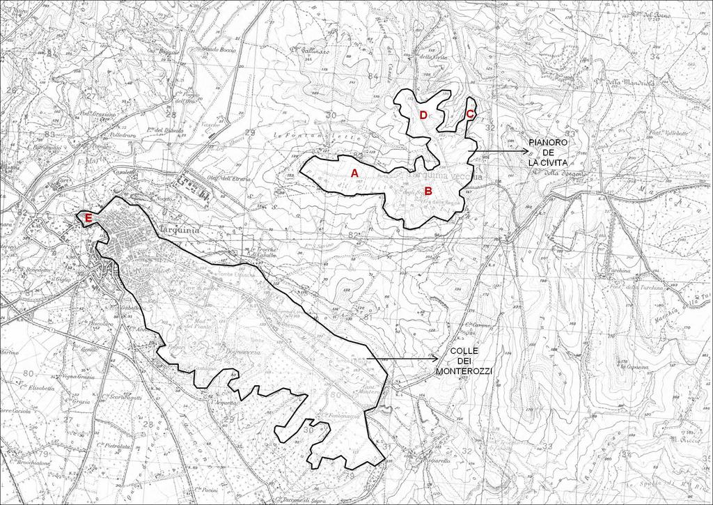 TAV. XX Area di Tarquinia, localizzazione del pianoro de La Civita (di cui fanno parte: A. Pian di Civita; B. Pian della Regina; C.