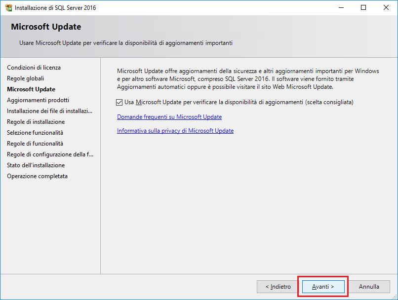 Impostare la procedura per eseguire la verifica di aggiornamenti su Microsoft Update e