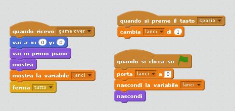 Definiamo una variabile di nome lanci e scriviamo il seguente codice per lo sprite di fine gioco: Alla fine della partita