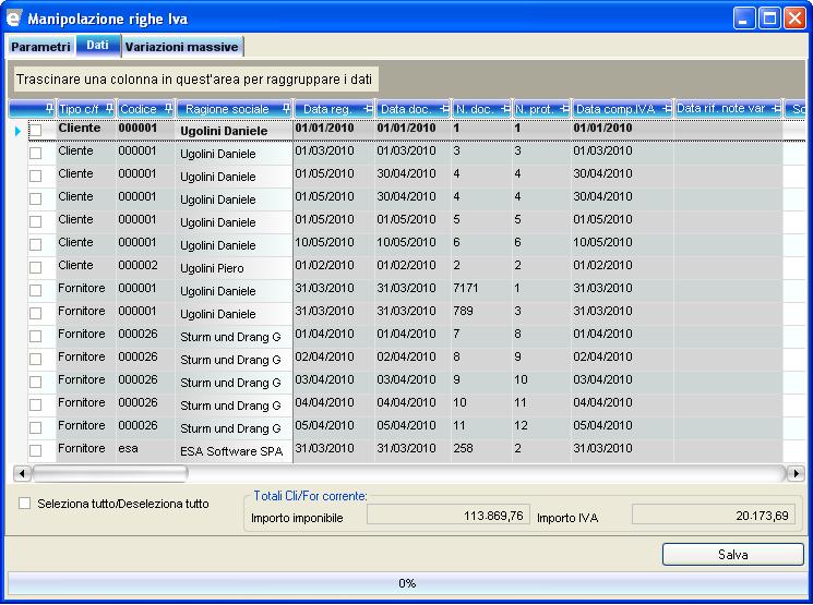 Le righe vengono visualizzate nella cartella Dati in una griglia, ordinate in modo crescente per Tipo cli/for + Codice cli/for + Data registrazione + Data documento.