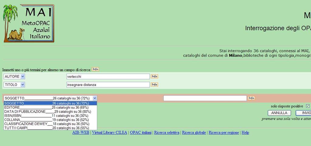 La ricerca nel MAI è utile per verificare se un libro, di cui si sappia autore e titolo, è presente in qualche biblioteca del territorio, considerato