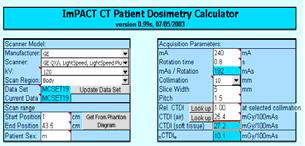 ImPact: addome completo Software ImPact: addome completo Valutazione dose paziente: 3 metodo paziente standard (uomo e donna) e esame standard Si ottiene una