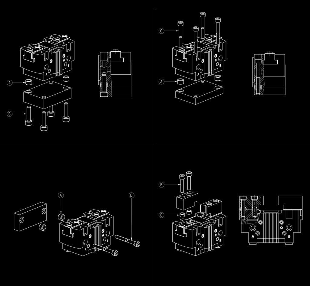 > Pinze parallele autocentranti Serie CGPT CATALOGO > 206 Esempi di montaggio A B C D E F CGPT-6 Ø5 M3 M2.5 M2.