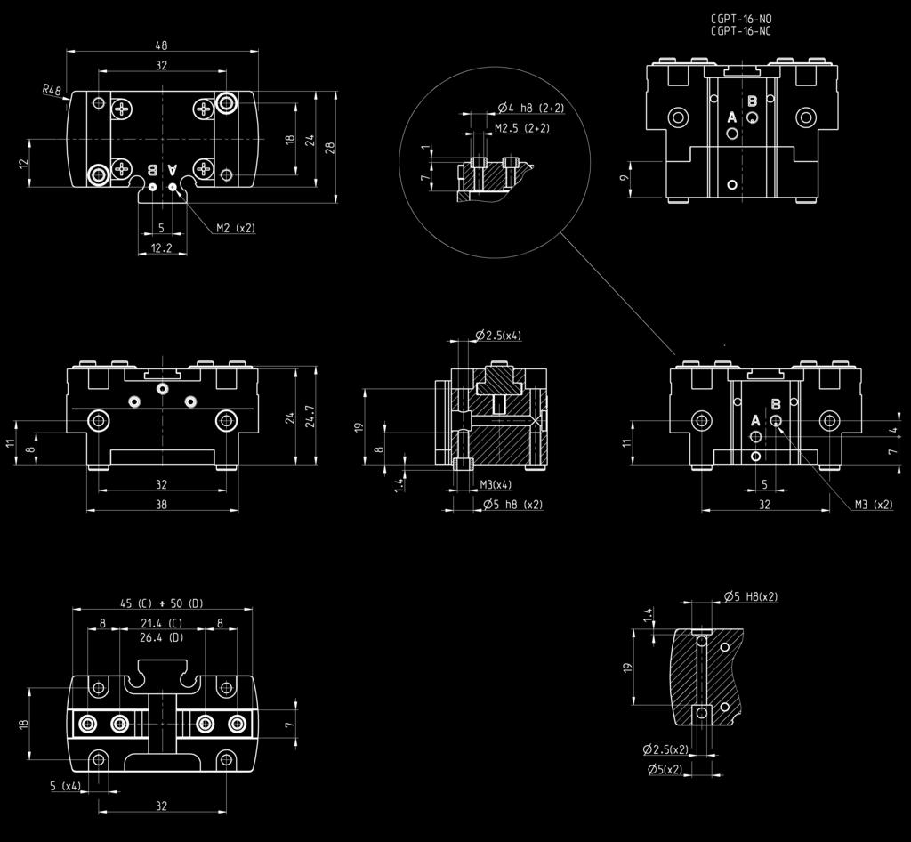 CATALOGO > 206 > Pinze parallele autocentranti Serie CGPT Dimensioni pinza CGPT - taglia 6 mm LEGENDA DISEGNO: A = Connessione aria apertura B = Connessione aria chiusura C = Pinza Chiusa D = Pinza