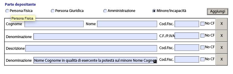 Campo Parte depositante (eventuale) Se non si è selezionata la spunta Deposito per conto di tutte le parti, occorre compilare anche questa sezione, inserendo i riferimenti delle sole parti