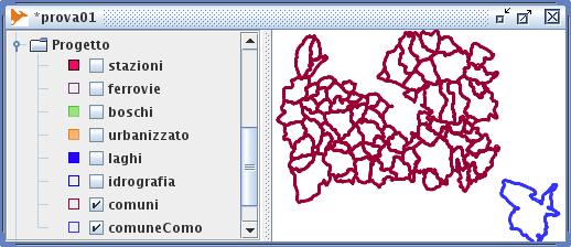 caricare una carta vettoriale 11 shapefile caricati: comuni, idro1, urbaree, ferrovia, stazioni, idroaree, boscaree e comunecomo Nomi