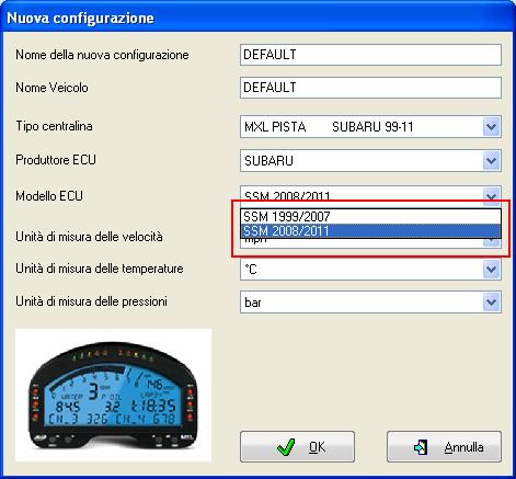 la casella Produttore ECU si imposterà automaticamente su SUBARU ; scegliete il Modello ECU corrispondente al vostro veicolo come mostrato sotto 2 ; impostate le unità di misura per velocità,