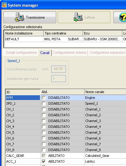 Attenzione: come accennato nell introduzione, il kit Plug&Play non ha sensori aggiuntivi quindi tutti i canali analogici ed il canale Speed_1 di MXL sono di default