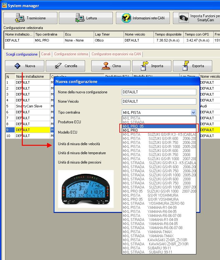 3.2 Configurazione di MXL Pro/Pro05 Lanciate il software Race Studio 2 e seguite questo percorso: Configurazione dispositivo > MXL sulla tastiera di sinistra del software; si aprirà la pagina di