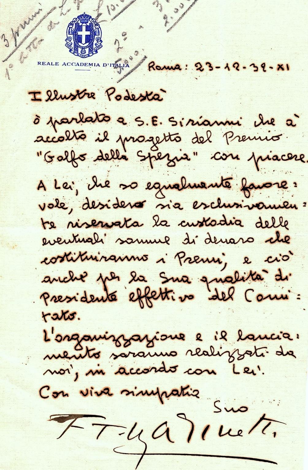 Il documento più prezioso: Lettera autografa di Filippo Tommaso Marinetti