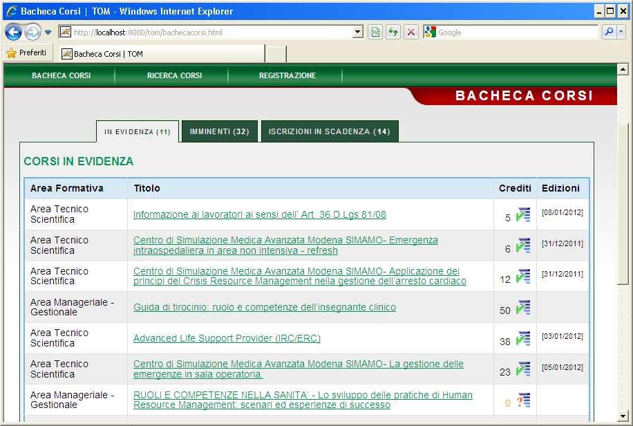 2 CATALOGO CORSI 2.1 Bacheca Accedendo a TOM la prima pagina web che viene presentata è la bacheca corsi.