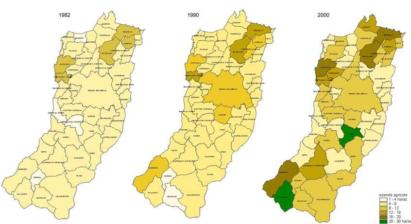 Il territorio rurale l aumento della dimensione media delle aziende agricole 1982 dimensione media aziendale omogenea e molto piccola salvo nei nuclei agricoli storici della pianura occidentale e