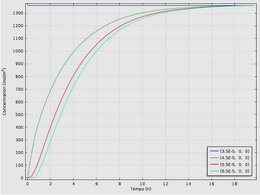 Fig. 5.12c: Andamento nel tempo della concentrazione per gli stessi punti considerati in Fig. 5.10b, con RH = 40% Fig. 5.12c: Andamento nel tempo della concentrazione per gli stessi punti considerati in Fig. 5.12b, con RH = 100% Come è possibile osservare dai grafici in Fig.