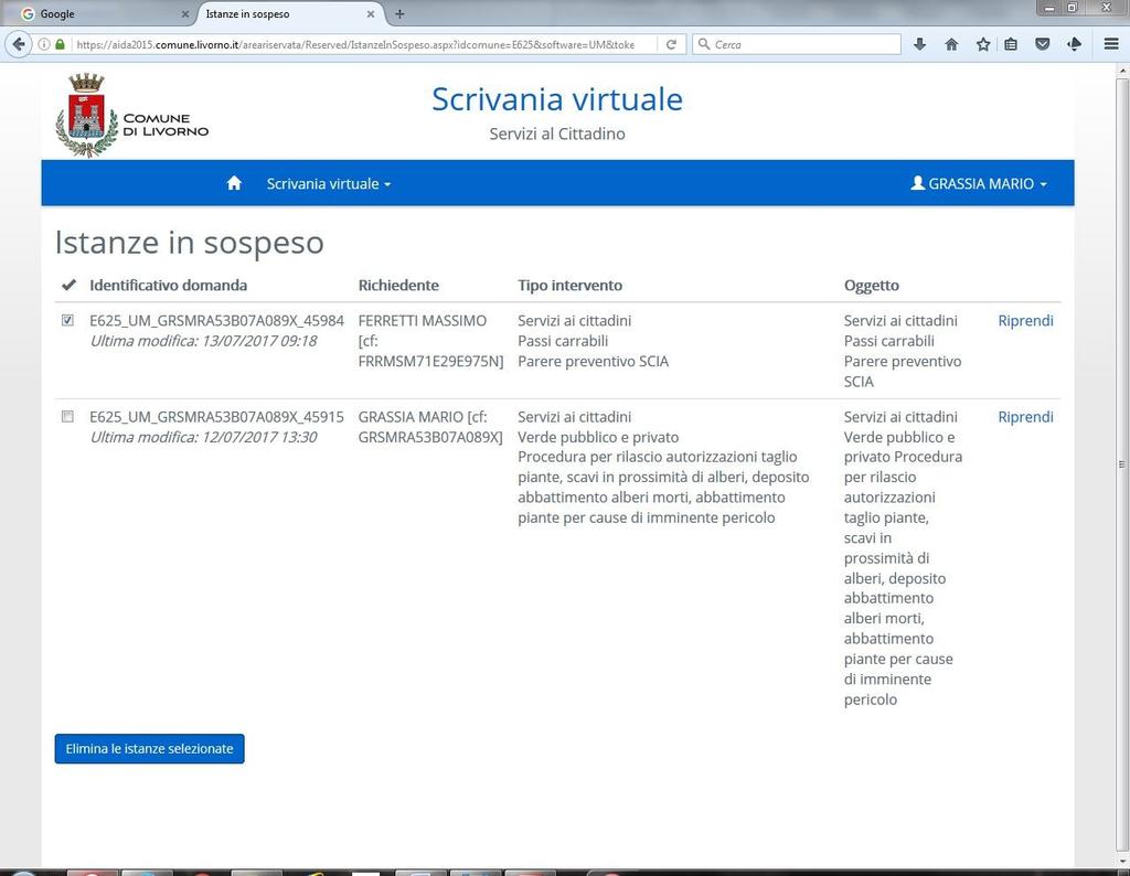 Istanze in sospeso Dall Home page ( ) o dalla sezione Scrivania virtuale, è possibile accedere alla sezione istanze in sospeso.