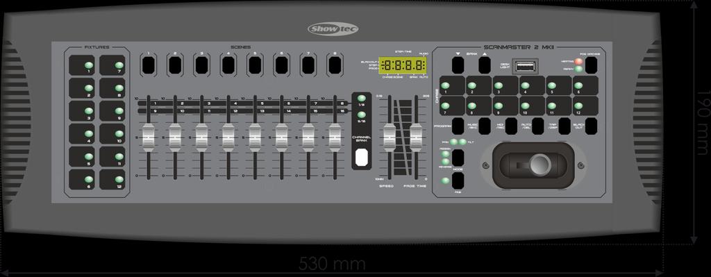 Specifiche tecniche del prodotto 192 canali DMX 8 cursori di miscelazione & totale velocità & tempo di dissolvenza 30 banchi, ciascuno composto da 8 scene programmabili 12 sequenze programmabili,