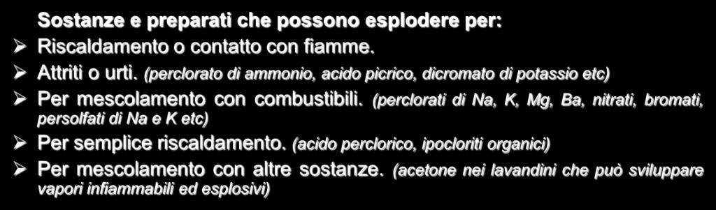 (perclorati di Na, K, Mg, Ba, nitrati, bromati, persolfati di Na e K etc) Per semplice riscaldamento. (acido perclorico, ipocloriti organici) Per mescolamento con altre sostanze.