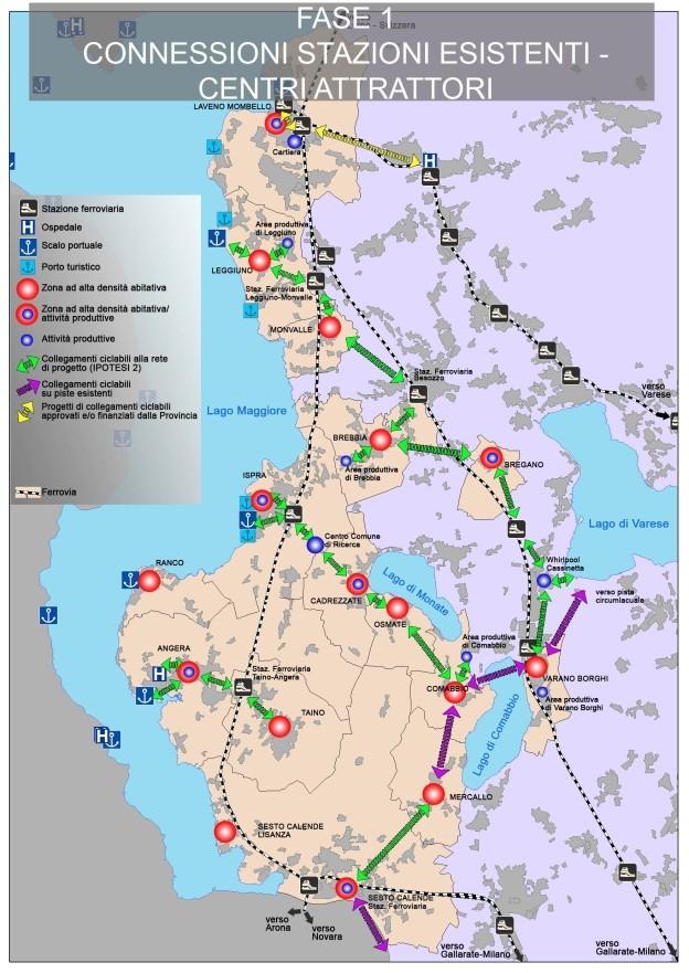 Interventi sulla rete Ciclopedonale (IPOTESI 2 - FASE 1) Rete Ciclopedonale (IPOTESI 2): interconnessione tra le centralità di Agenda 21 laghi, con una riqualificazione dell asse ferroviario con