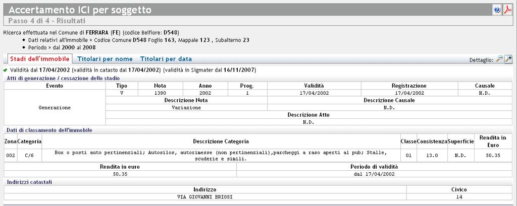 Per stampare i dati occorre cliccare il bottone (Stampa PDF): il sistema genera ed apre in automatico un documento in formato PDF contenente tutti i dati visualizzati.