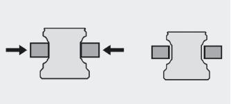 FUNZIONAMENTO del BLOCCAGGIO con PRESSIONE PNEUMATICA Le superfici di bloccaggio dei morsetti vengono premute sui fianchi liberi della rotaia tramite un doppio meccanismo a cuneo.