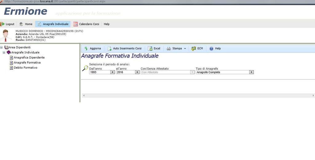 3. VISUALIZZAZIONE DELLA PROPRIA ANAGRAFE FORMATIVA AZIENDALE Dalla propria home page selezionando il tasto Anagrafe Individuale è possibile accedere all ambiente