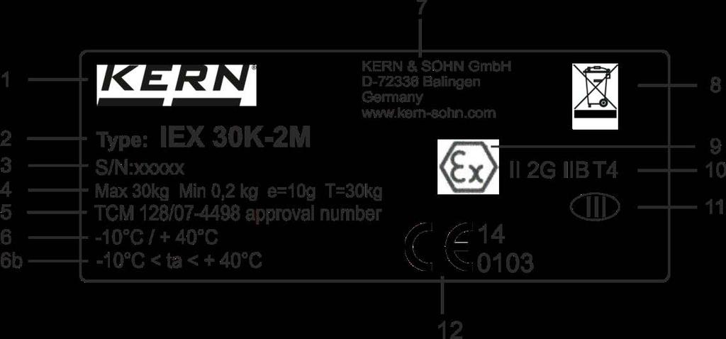 3.2 Targhetta del display e della bilancia Targhetta della bilancia KERN IEX (esempio) 1 Logo di fabbricante 2 Tipo di bilancia 3 Numero di fabbrica 4 Parametri di misurazione della bilancia 5 Numero