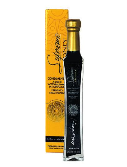 SUPREME HONEY CONDIMENTO ALL ACETO BALSAMICO DI MODENA I.G.P. E PREGIATO MIELE ITALIANO DRESSING WITH BALSAMIC VINEGAR OF MODENA AND VALUABLE ITALIAN HONEY COD. AB0033 SUPREME HONEY 40ML COD.