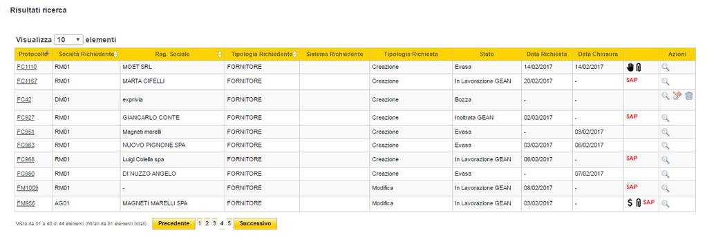 Gestione Richieste Ricerca Richieste Cliente/Fornitore La funzionalità di Ricerca Richieste permette all utente di visualizzare l elenco delle pratiche da lui create ed eseguire alcune operazioni su