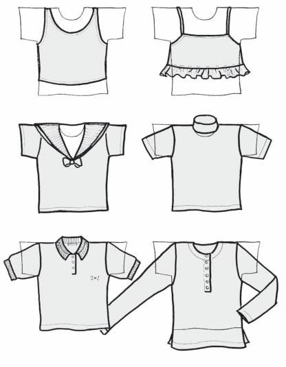 3 Esercizio individuale sulle variazioni della forma base Costruisci lo schema base della T-shirt; Riproduci più volte, in trasparenza o con l ausilio della fotocopiatrice; disegna sulla sagoma base