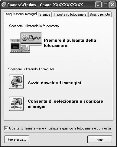 Se la finestra a destra non viene visualizzata, fare clic sul menu [Start], quindi scegliere [Tutti i Programmi] o [Programmi], [Utilità Canon, [CameraWindow], [PowerShot - IXY - IXUS - DV 6] e