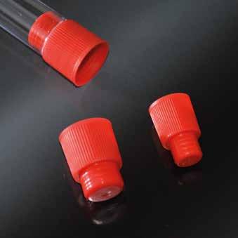 STOPPERS FOR TEST TUBES TAPPI PER PROVETTE STOPPERS FOR TEST TUBES CLOSED AT THE BOTTOM WITH SAFETY GRIP TAPPI CHIUSI SUL FONDO A PRESA IGIENICA Available in red colour. Material: polyethylene.