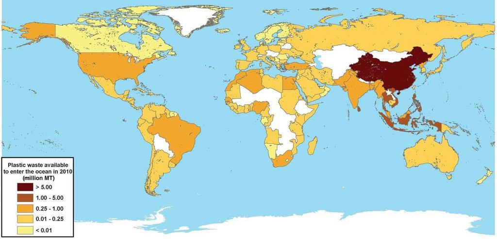 Un problema globale Global map with each country shaded according to the estimated mass of mismanaged plastic waste [millions of metric tons (MT)]