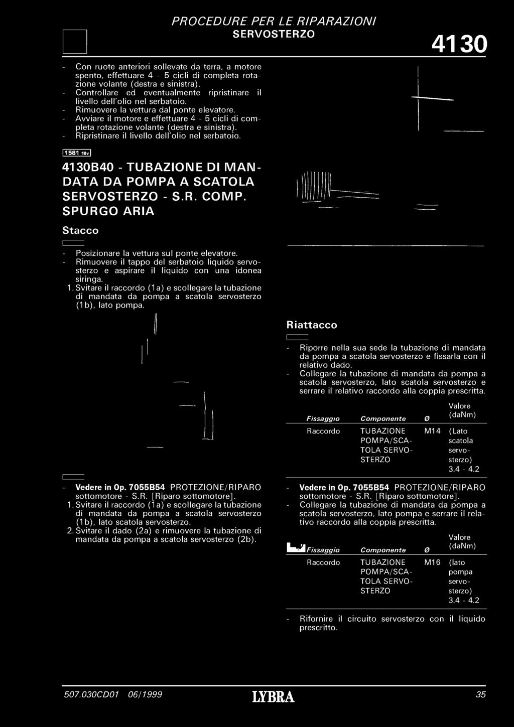 SERVO 4 1 3 0 - Con ruote anteriori sollevate da terra, a motore spento, effettuare 4-5 cicli di completa rotazione volante (destra e sinistra).