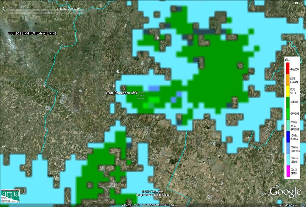 si osserva in colore verde chiaro l area della grandinata. Mappe di riflettività (impulso corto) del 15/03/2011 alle ore 10:45 UTC.