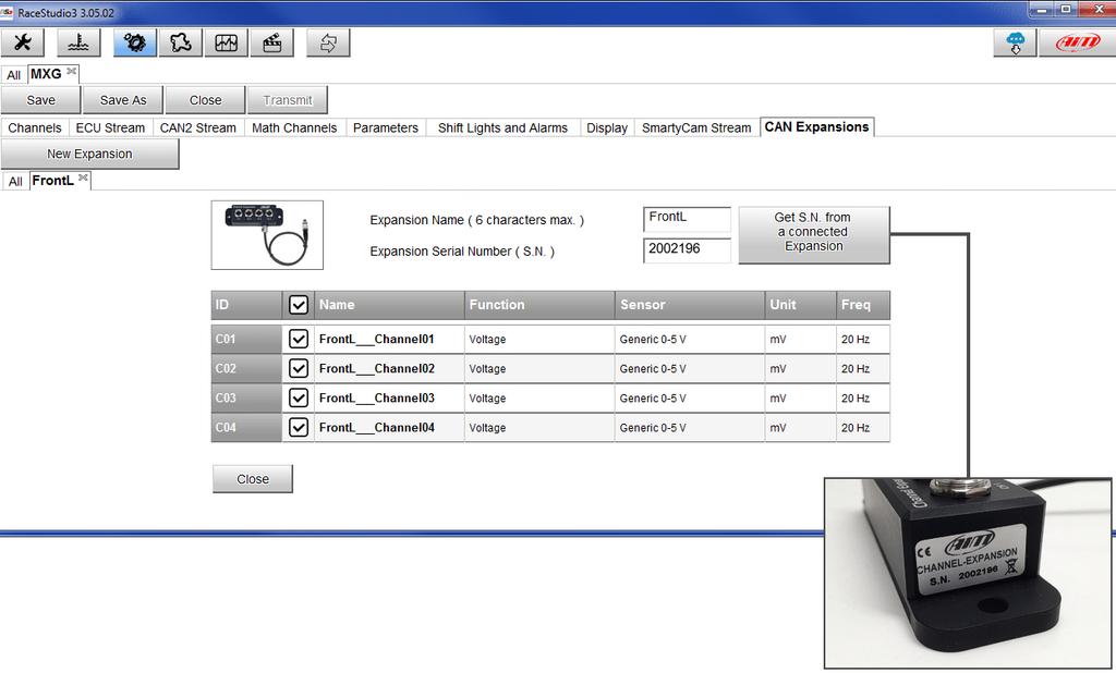 2 Configurazione Prima di utilizzare Channel Expansion è necessario caricarlo nella configurazione dello strumento AiM cui è collegato e configurarlo.