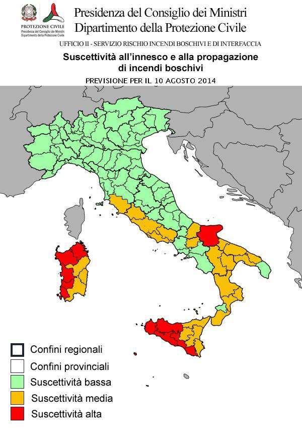 CONDIZIONI DI SUSCETTIVITA' ALL'INNESCO E ALLA PROPAGAZIONE DI INCENDI BOSCHIVI PREVISTE PER IL 10 AGOSTO 2014 BASSA MEDIA ALTA VALLE D'AOSTA PIEMONTE LOMBARDIA TRENTINO A. A. VENETO FRIULI V.