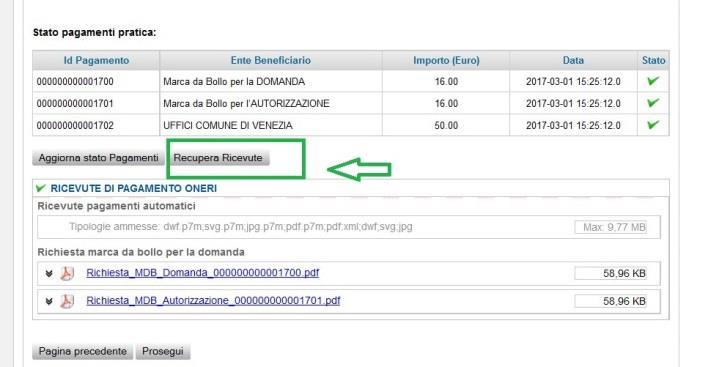 Si osservi ancora per cortesia che, benché il pagamento abbia avuto esito positivo, dimostrato dalla presenza della spunta verde nel campo Stato, le ricevute non sono ancora allegate
