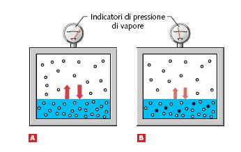 7.5 Le proprietà colligative: tensione di vapore e legge di Raoult A) Equilibrio fra solvente puro e il suo vapore B) Nella soluzione il numero di molecole di solvente che può evaporare è più piccolo