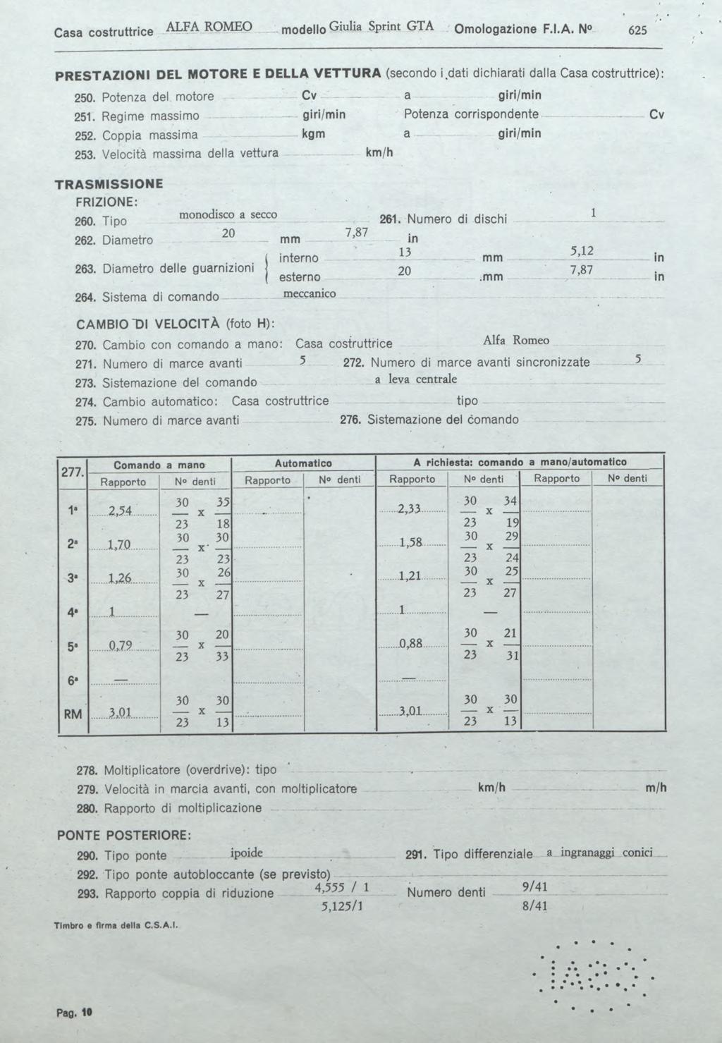 Casa costruttrice ALFA ROly^^ n i o d e l l o Giulia Sprt G TA Omologazione F.I.A. N 625 PRESTAZIO NI DEL MOTORE E DELLA VE TTU R A (secondo i.dati dichiarati dalla Casa costruttrice): 250.