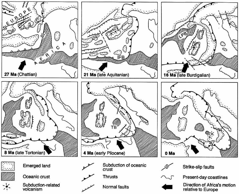 Fig. 1.2 Schema dell evoluzione paleotettonica del Mediterraneo centro-occidentale dal Cattiano ad oggi.