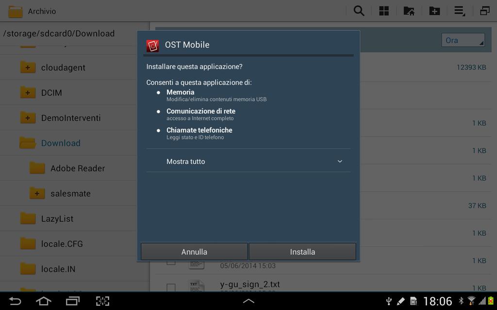 Installazione App di Firma Android: Step 5 Apparirà una finestra di dialogo con i permessi dell applicazione,