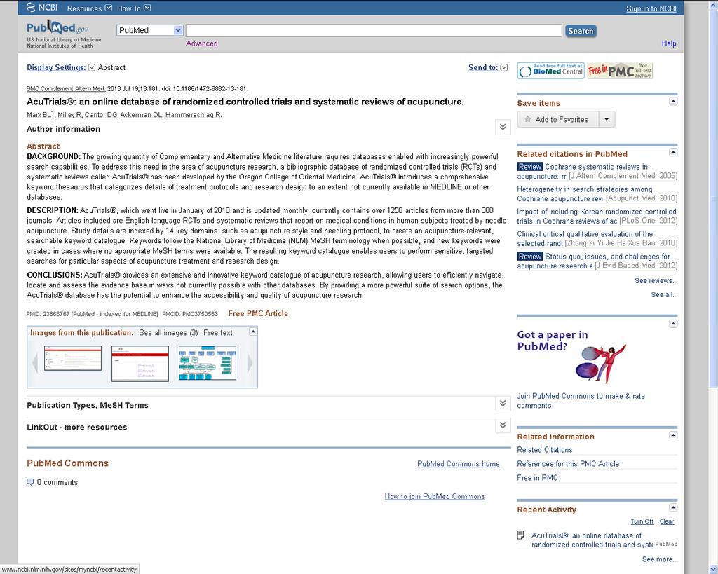 AcuTrials Database nato nel 2010 contiene circa 1250 articoli di RTCs