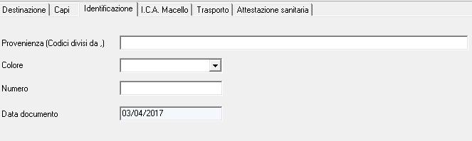 IDENTIFICAZIONE La maschera presenta i seguenti campi: Provenienza; si precompila in automatico con i codici degli allevamenti di provenienza, Colore; si precompila in automatico (rosa/verde/giallo)