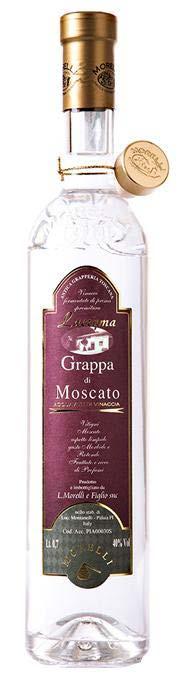 Grappa Di Moscato Monovitigno Toscano. Tuscan Monovitigno. Limpido e brillante. Clear and Bright. Rotonda, profumo intenso. Round, intense scent.