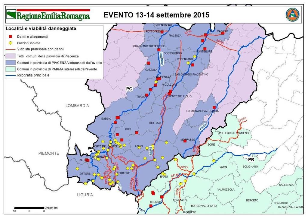 Duramente colpiti da esondazioni ed erosioni profonde lungo le sponde dei corsi d'acqua sono stati i comuni piacentini di Bettola (capoluogo, Molino Camia, Recesio), Farini (capoluogo), Ferriere