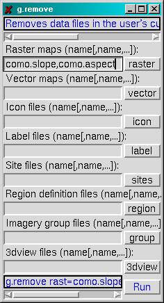 gestione dell'archivio elimina le carte raster como.slope e como.aspect # g.remove rast=como.slope,como.