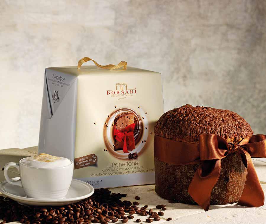 62 Le Specialità PANETTONE CAPPUCCINO CON GOCCE DI CAFFÈ RICOPERTO CON CIOCCOLATO AL LATTE E GRANELLA AL CAFFÈ ALTO PANETTONE WITH COFFEE FLAVOURED CHOCOLATE CHIPS, FILLED WITH MILK AND CREAM FILLING