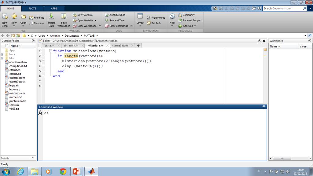 L ambiente di sviluppo di Matlab L editor di testo può essere utilizzato per scrivere programmi La command window permette di inserire comandi che vengono