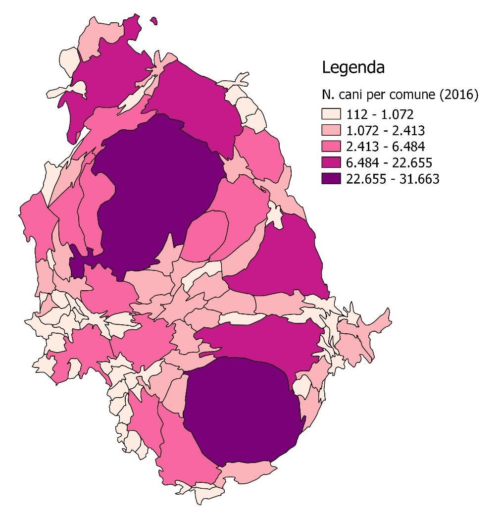 Superficie dei comuni calcolata sulla base delle dimensioni territoriali Cartogramma dei cani presenti per comune.